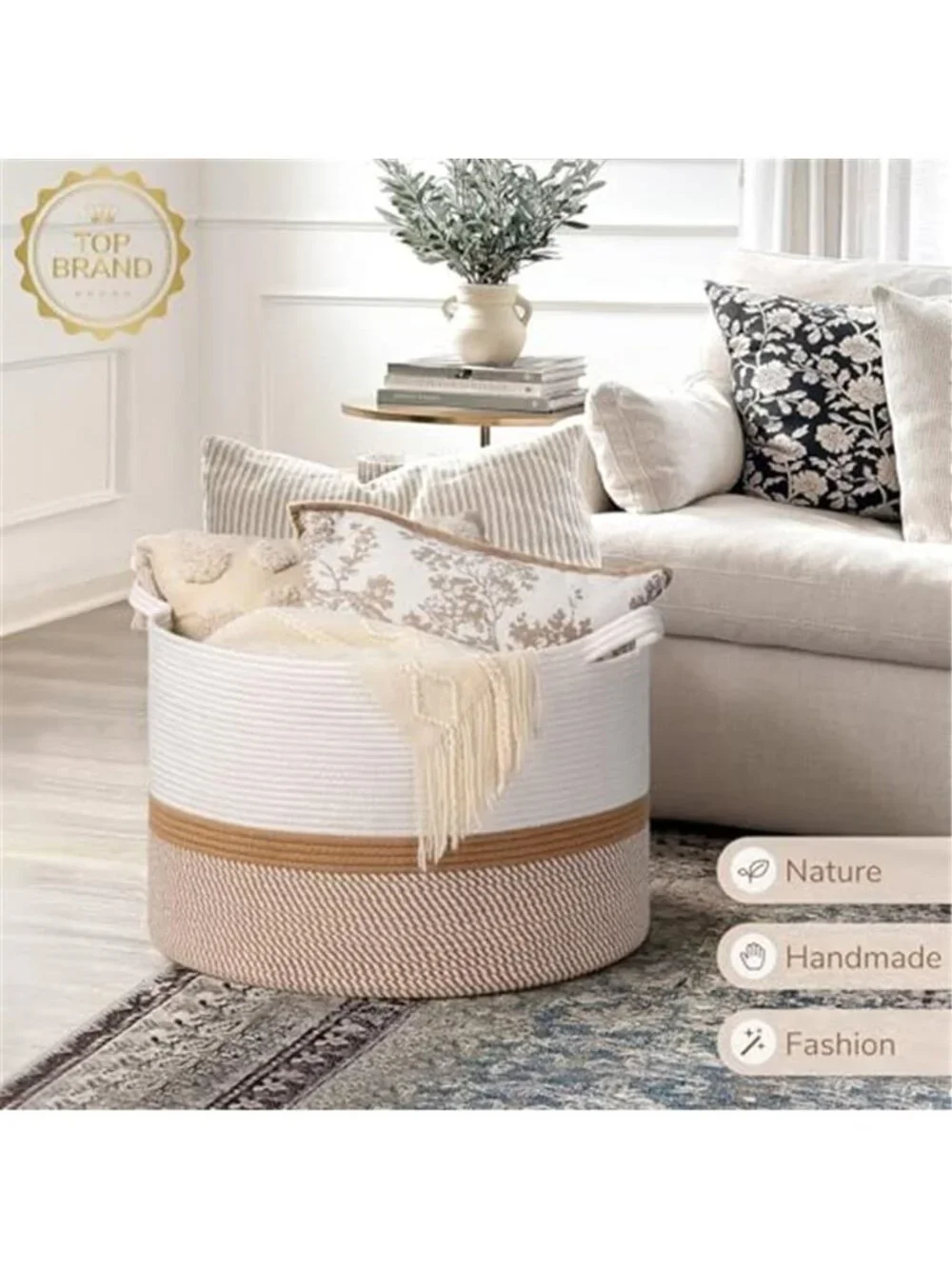 New XXXLarge Woven Rope Blanket Basket Living Room White Camel, 90L